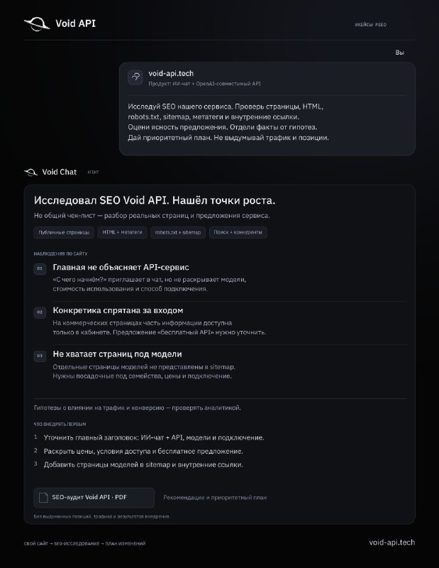 Void API SEO review illustration with a user brief, website observations and prioritized actions